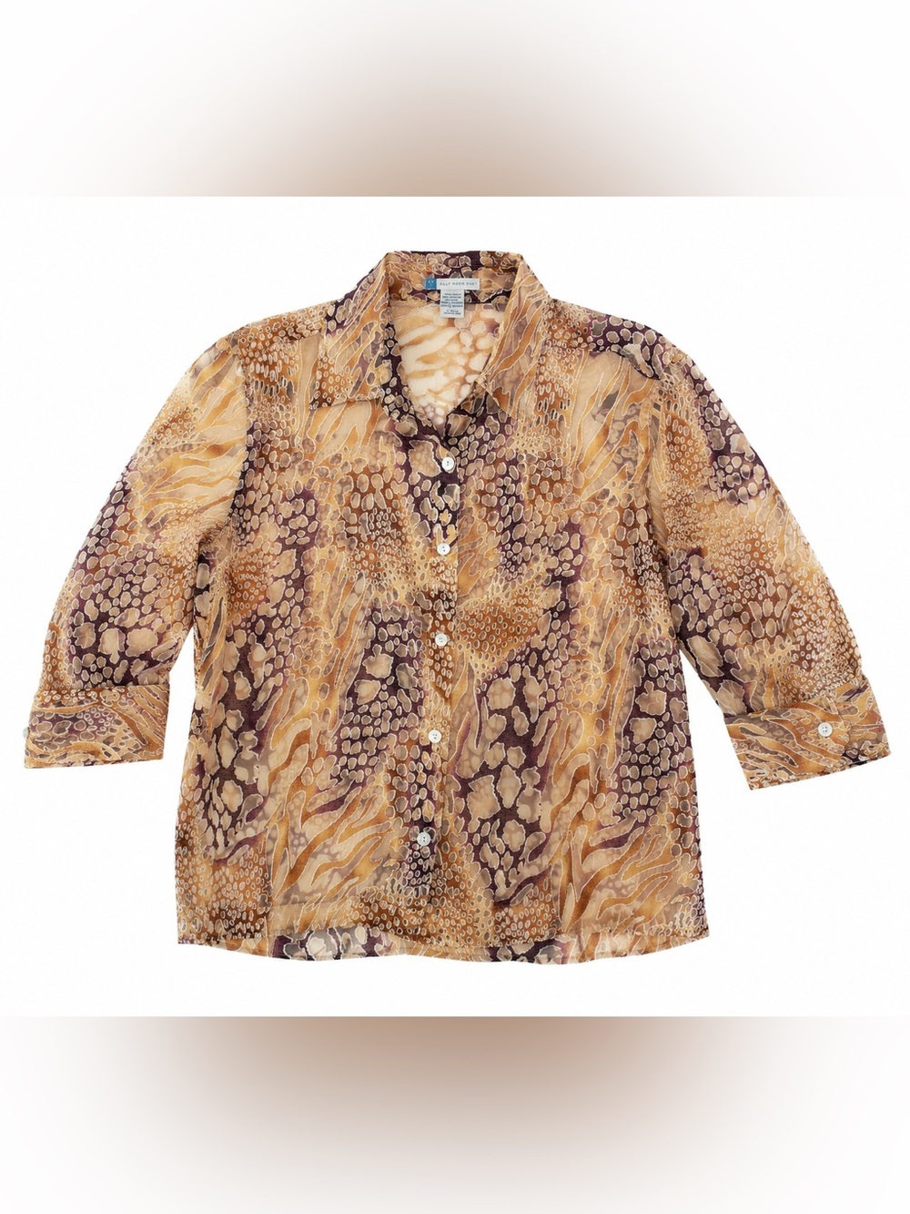 Half Moon Bay Burnout Sheer Button Front Blouse L Taupe Brown Linen Blend